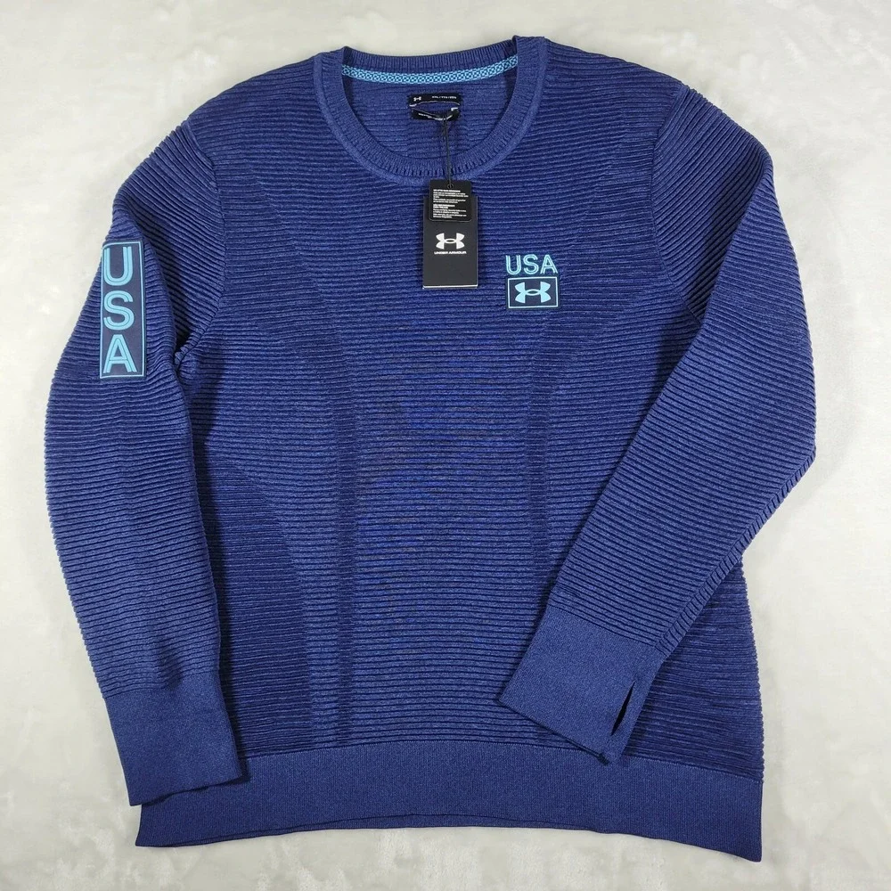 Under Armour Long Sleeve Textured Sweater Men's 2XL Blue USA Print Crewneck $150